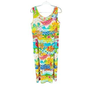 Vtg Jams World Creatures of the Sea Tropical Colorful Bright Midi Dress Small